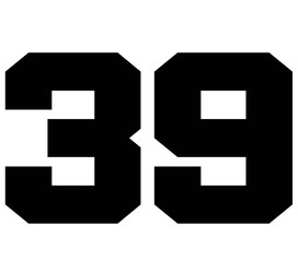 39,Classic Vintage Sport Jersey Number, Uniform numbers in black as fat fonts, number. For American football, baseball or basketball and ice Hockey.