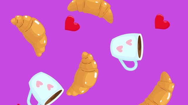 Bright cartoon animation of falling coffee cups, croissants and red hearts. Minimal motion art. Food background.