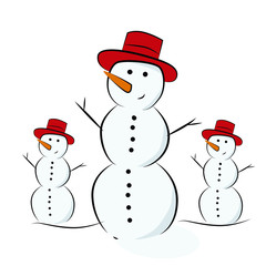 Snowmen made of snow with hands made of branches in a hat. Funny snowman with a carrot nose.