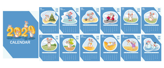 2020 vector calendar with illustartions of rats or mice for each month.