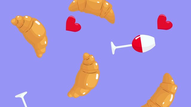 Bright cartoon animation of falling wine  glass, croissants and red hearts. Minimal motion art. Food background.