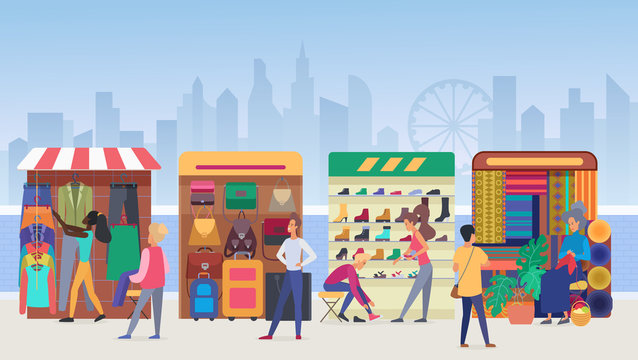 Street clothing market flat vector illustration. People buying apparel and accessories at outdoor marketplace in modern city. Vendors and customers. Salesmen at stands. Megapolis view background