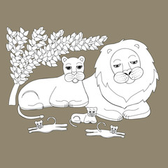 Illustration of a family of lions. A lion, a lioness and three cubs are resting. Wild animals picture for children. A family of lions while relaxing. © Ольга Мороз