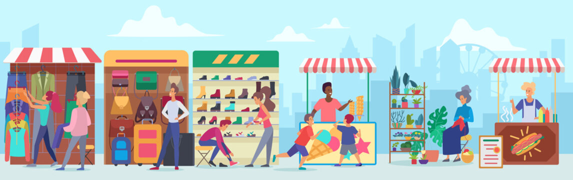 Street clothing and food market flat vector illustration. Cartoon characters buying apparel and accessories at sidewalk marketplace in megapolis. Cheerful vendors at stands. Cityscape background