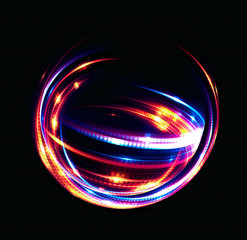 3D Atom icon. Luminous nuclear model on dark background. Glowing energy balls. Molecule structure. Trace atoms and electrons..Physics concept. Microscopic forms. Nuclear reaction element. Neutron.