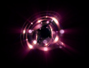 3D Atom icon. Luminous nuclear model on dark background. Glowing energy balls. Molecule structure. Trace atoms and electrons..Physics concept. Microscopic forms. Nuclear reaction element. Neutron.