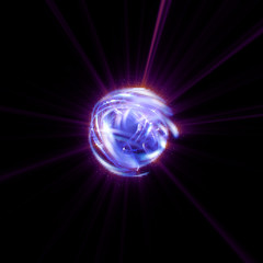 3D Atom icon. Luminous nuclear model on dark background. Glowing energy balls. Molecule structure. Trace atoms and electrons..Physics concept. Microscopic forms. Nuclear reaction element. Neutron.