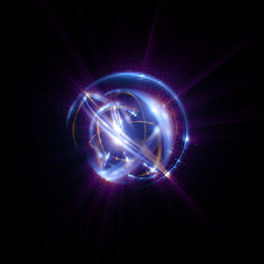 3D Atom icon. Luminous nuclear model on dark background. Glowing energy balls. Molecule structure. Trace atoms and electrons..Physics concept. Microscopic forms. Nuclear reaction element. Neutron.