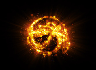 Fototapeta premium 3D Atom icon. Luminous nuclear model on dark background. Glowing energy balls. Molecule structure. Trace atoms and electrons..Physics concept. Microscopic forms. Nuclear reaction element. Neutron.