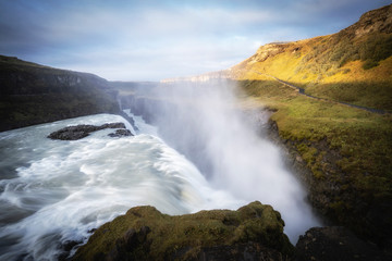 Fototapeta na wymiar Gullfoss waterfall at sunrise is the biggest waterfall in Iceland