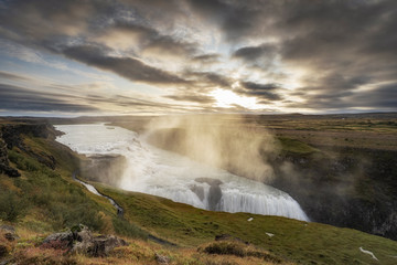 Gullfoss waterfall at sunrise is the biggest waterfall in Iceland