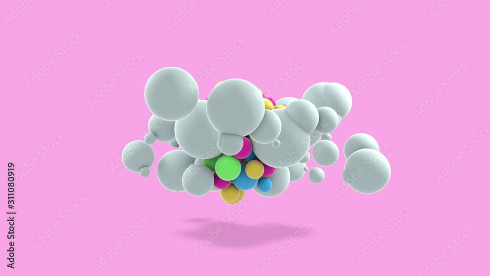 Poster 3d animation of many white spheres surrounded by colorful balls. abstract animation objects move ran