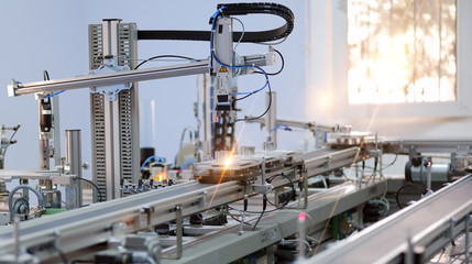 Industry 4.0 smart factory concept; artificial intelligence in production. Close up of Gripper which picks up the product from automated car. Selective focus.