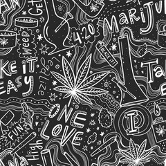 Hand drawn doodle seamless pattern with cannabis equipment and weed quotes on Chalkboard. 