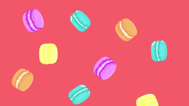 Bright cartoon animation of falling macaroons. Minimal motion art. Food background.