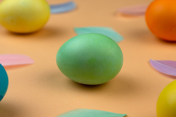 Easter composition of multicolored colorful easter eggs and feathers on pastel background. Happy Easter holidays.