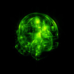 3D Atom icon. Luminous nuclear model on dark background. .Glowing energy balls. Molecule structure. Trace atoms and electrons..Physics concept. Microscopic forms. Nuclear reaction element. Neutron.