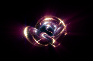 3D Atom icon. Luminous nuclear model on dark background. .Glowing energy balls. Molecule structure. Trace atoms and electrons..Physics concept. Microscopic forms. Nuclear reaction element. Neutron.