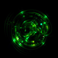 3D Atom icon. Luminous nuclear model on dark background. .Glowing energy balls. Molecule structure. Trace atoms and electrons..Physics concept. Microscopic forms. Nuclear reaction element. Neutron.