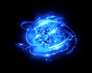 3D Atom icon. Luminous nuclear model on dark background. .Glowing energy balls. Molecule structure. Trace atoms and electrons..Physics concept. Microscopic forms. Nuclear reaction element. Neutron.