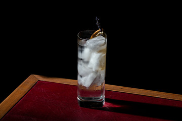 Gin Tonic, a cocktail with gin and tonic water, garnished with charred lemon and lavender