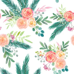 Zelfklevend Fotobehang Watercolor Christmas floral seamless pattern with roses, red berries, pine, rowan, fir. Isoleted on white background. Botanical illustration for design. Nature print. © Tatsiana