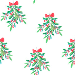 Watercolor Christmas mistletoe seamless pattern. Isolated on white background.  Seamless Pattern with Christmas Symbol. Merry Christmas and Happy New Year.