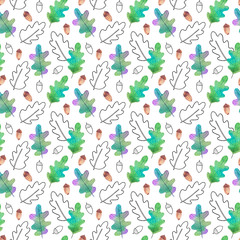 Watercolor oak leaf seamless pattern. Isolated on white background. Green oak leaves. Watercolor Christmas seamless pattern.