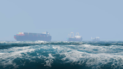 Container Cargo Ship in Ocean, Sea Shipping, 3D Rendering