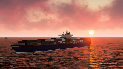 Obraz premium Container Cargo Ship in Ocean at Sunset, Sea Shipping, 3D Rendering