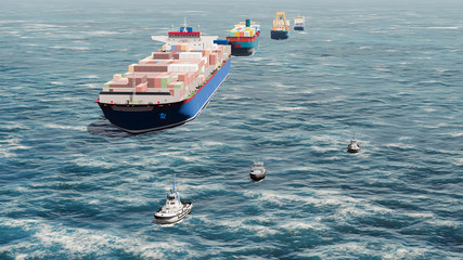 Container Cargo Ship in Ocean, Sea Shipping, 3D Rendering