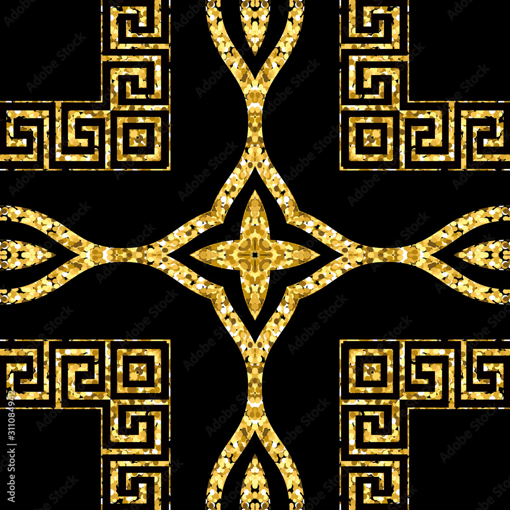 Wall mural gold glitter ornamental vector seamless pattern. greek style patterned background. repeat geometric 