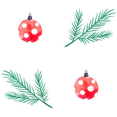 Watercolor Christmas fir seamless pattern. Isolated on white background. Seamless Pattern with Christmas Symbol. Christmas and New Year background.