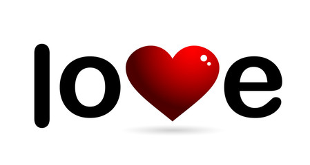 Lettering Love with volumetric red heart on a white background. Sign, symbol, valentines day. cards and banners. Vector illustration