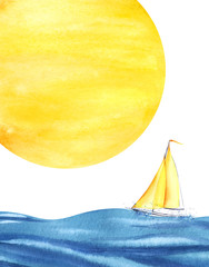 A small yellow sailboat on blue waves against the backdrop of a circle of a giant full moon. Boat at sea. Big yellow circle. Setting sun. Hand drawn watercolor illustration - 311085512