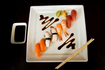 nigiri on plate, Japanese food, top view, asian food, japanese cuisine