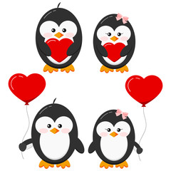 Cute lovely penguin stand with red heart and heart shape balloons set isolated on white background.