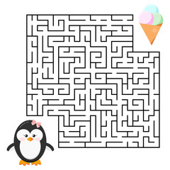 Maze game - labyrinth with cute cartoon penguin girl and ice cream for kids education.