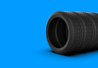 Car Black Wheel on Blue Color Background, 3D Rendering