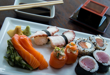 sushi on plate, asian food, japanese cuisine