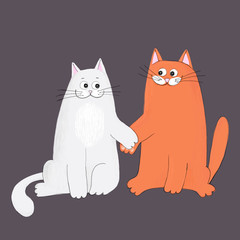 Greeting card with happy cat couple staying together and smiling. Christmas cat's card. Hand-drawn style.  Cartoon couple embracing lovers of cats. Isolated on white background. Christmas cats