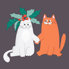 Greeting card with happy cat couple staying together and smiling. Christmas cat's card. Hand-drawn style.  Cartoon couple embracing lovers of cats. Isolated on white background. Christmas cats
