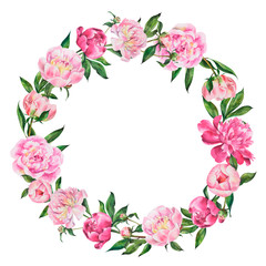 Obraz na płótnie Canvas Wreath of peonies, round frame, peony flowers on isolated white background, watercolor hand drawing stock illustration.