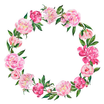 Wreath of peonies, round frame, peony flowers on isolated white background, watercolor hand drawing stock illustration.