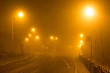 Thick Fog in the night Holesovice about River Vltava. Holesovice is the most cool Prague District, Czech Republic. © Kajano