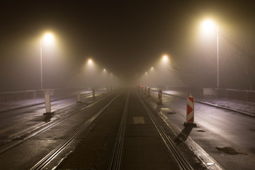 Thick Fog in the night Holesovice about River Vltava. Holesovice is the most cool Prague District, Czech Republic.