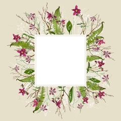 Adorable springtime background with Fern leaves, checkered lily and aquilegia, can be used as border or label