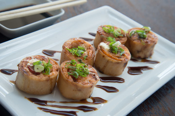fresh spring rolls stuffed with cheese, asian food, japanese cuisine