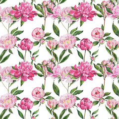 Pattern with peonies, peony flowers on isolated white background, watercolor hand drawing. Fabric wallpaper print texture. Stock illustration.