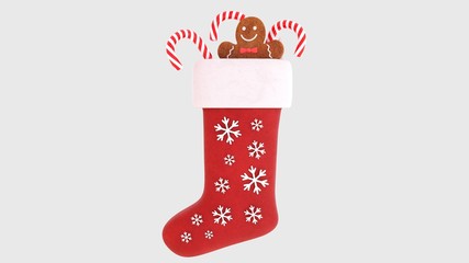 christmas sock isolated on white background, with decorations, 3D-rendering